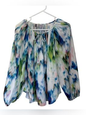 Jennifer Lopez Women’s M Abstract Watercolor Chiffon Tie Keyhole Peasant Blouse